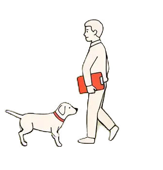 A Propr property manager walking in with a dog that sits beside him