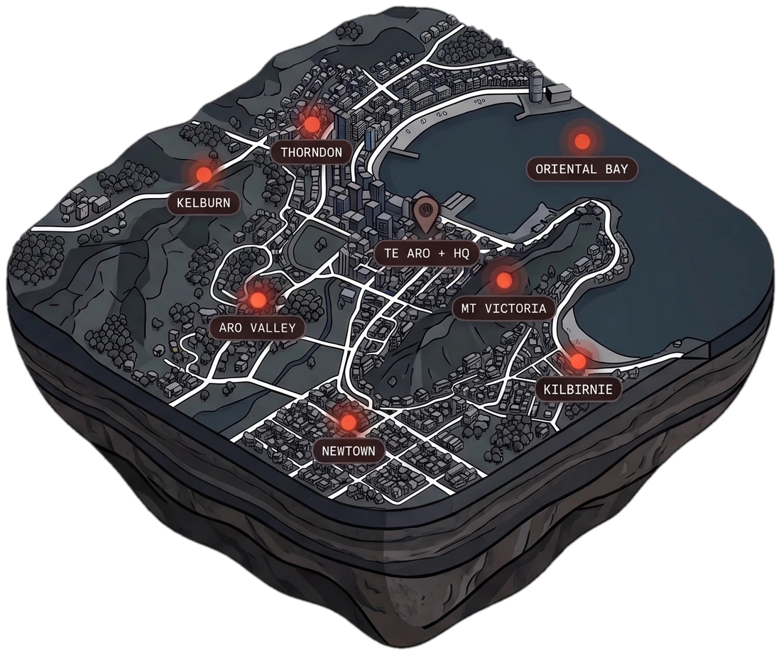 3D relief map of the Wellington suburbs Propr manages, pinned by area